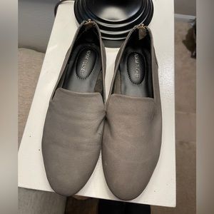 Gray Adam Tucker loafers with a zipper on the back to add some cute detail.